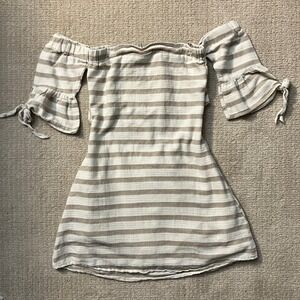 Listicle Striped Off Shoulder Dress Bell Sleeve Mini Dress Casual Size S‎